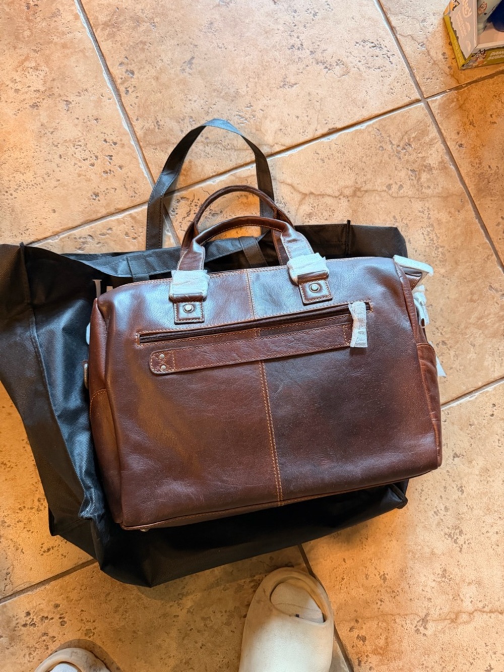 Men's Brown Leather Briefcase with Top Handles and Shoulder Strap